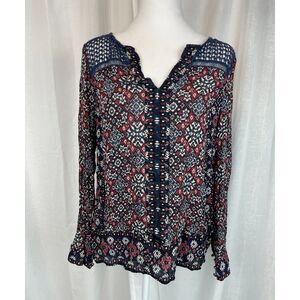 Lucky Brand Boho Print Peasant Blouse – S casual chic, festival style, vintage